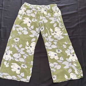 ILLA ILLA Olive Green Floral Wide Leg Pants with Cream Print